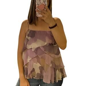 Y2K 100% Silk Boho Chic Light Purple Abstract Ruffled Tank Top Blouse Small